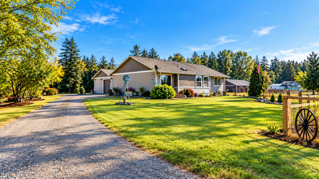 Single-story rambler home on a spacious property with a gravel driveway, landscaped yard, and outbuildings.